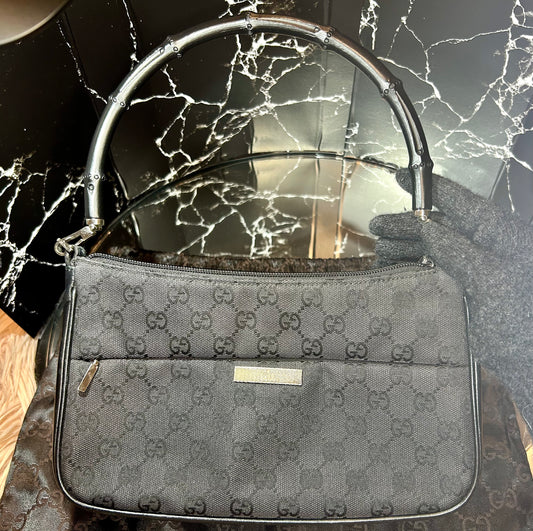 Gucci Black Monogram Bamboo Handle Shoulder Bag